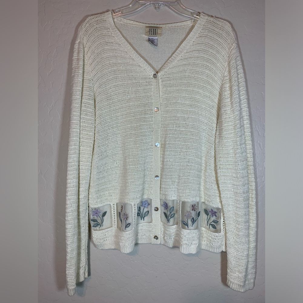 Teddi Vintage Floral Embroidered Mesh Hem Cardigan Sweater Cream Large 0264